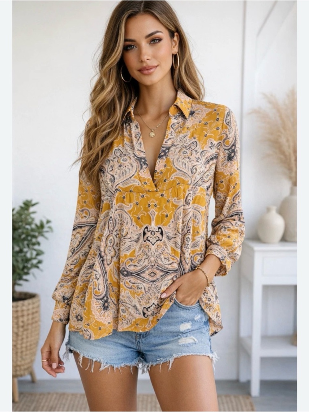 Free People Field of Butterflies Paisley V-Neck Button Collar Tunic